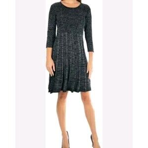 Nina Leonard Sweater Dress Black Grey Ribbed Knit Pleated Scoop Neck Small